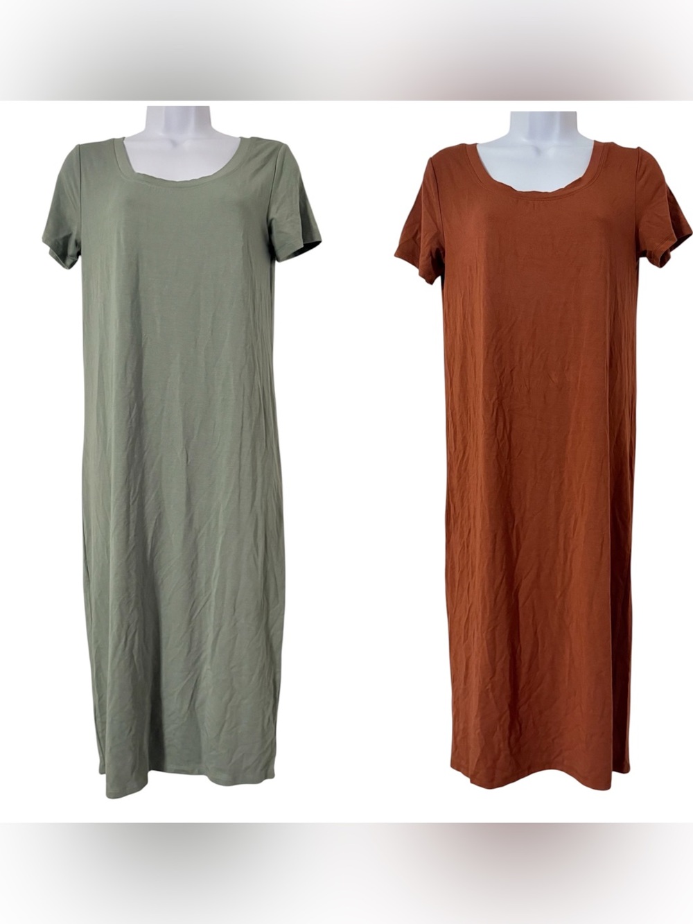 Storq Lot of 2 Maternity Tee Shirt Midi Dress in Rust and Green Sz 2 or S Comfy